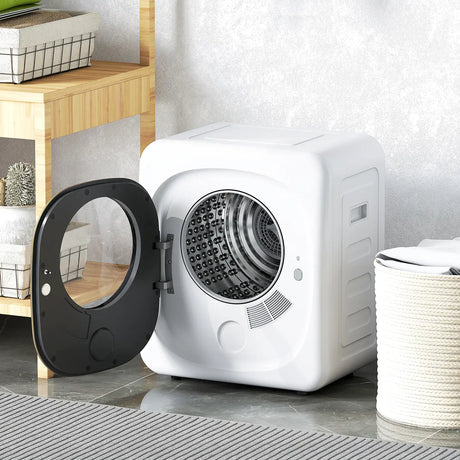 HOMCOM 4kg Vented Tumble Dryer, 800W Compact Freestanding Front Tumble Dryer with 5 Drying Mode, Smart Sensor, Timer and Stainless Steel Tub, Wall-Mounted Portable Small Clothes Drying Machine, White
