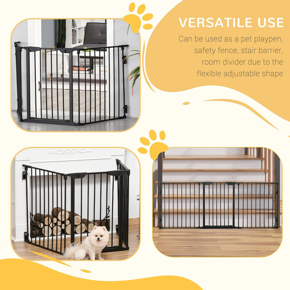 PawHut Pet Safety Gate, 3 Panels Playpen Fireplace, Foldable Metal Fence, Stair Barrier, Room Divider, Fire Guard w/ Automatic Closing Door, Black