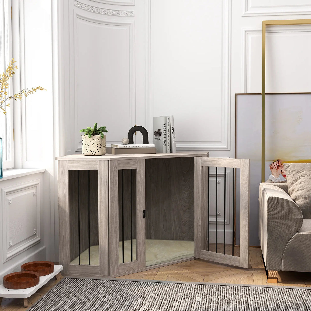 PawHut Dog Crate Furniture Side Table, with Cushion, 122 x 61 x 71cm - Walnut Brown