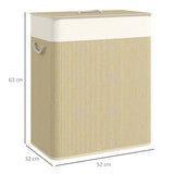 HOMCOM Double Laundry Basket with Lid, 100L Bamboo Laundry Hamper with Rope Handles, Washing Basket with Removable Liner for Bathroom, Bedroom, Cream White