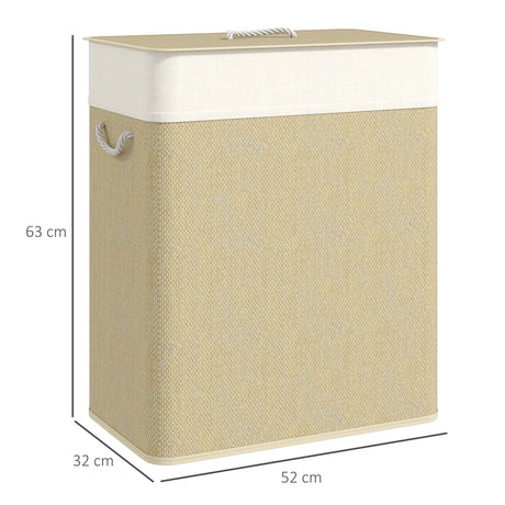 HOMCOM Double Laundry Basket with Lid, 100L Bamboo Laundry Hamper with Rope Handles, Washing Basket with Removable Liner for Bathroom, Bedroom, Cream White