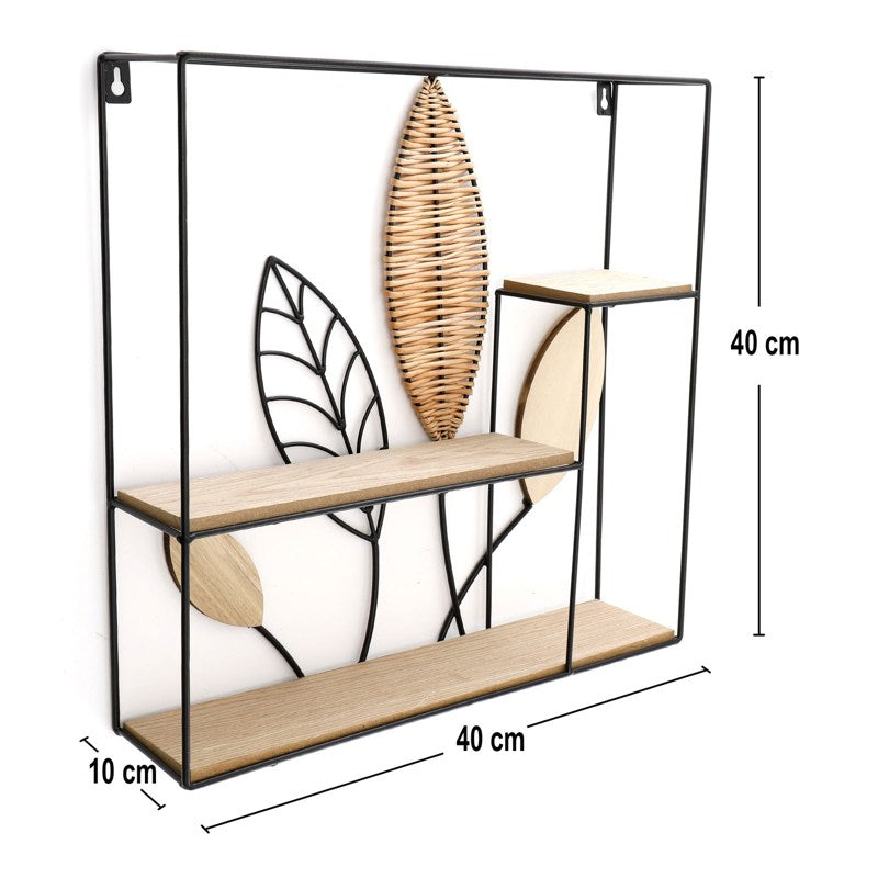 Square Metal Framed Rattan Leaf Shelf Unit