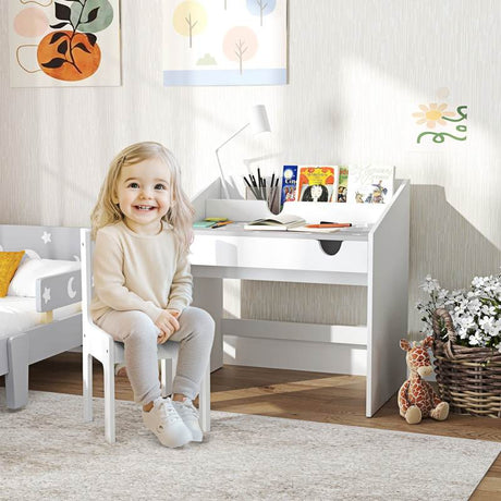 AIYAPLAY Children Study Table and Chair, Kids Desk and Chair Set with Storage, Pull-out Drawer, Gift for 3-6 Years Old - Grey