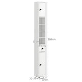 kleankin 180cm Tall Bathroom Cabinet, Slim Bathroom Storage Cabinet with 4 Open Shelves, 2 Door Cupboards and Adjustable Shelves, White