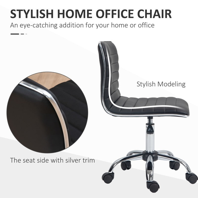 HOMCOM Armless Task Desk Chair, Swivel Office Chair with Faux Leather, Adjustable Seat Height, Chrome Base, Wheels for Home, Black