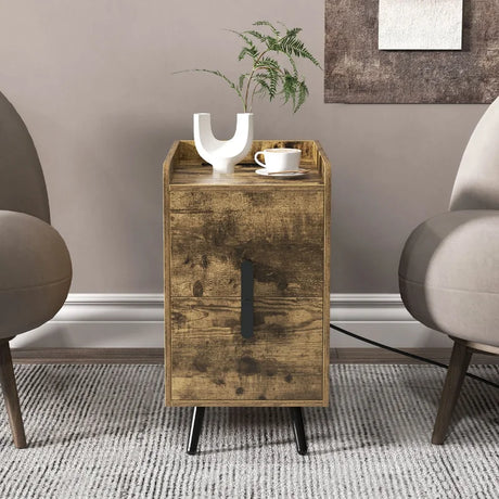Home Bedside Sofa Side Tables with 2 Drawers and Heavy-duty Metal Legs Support-Rustic Brown