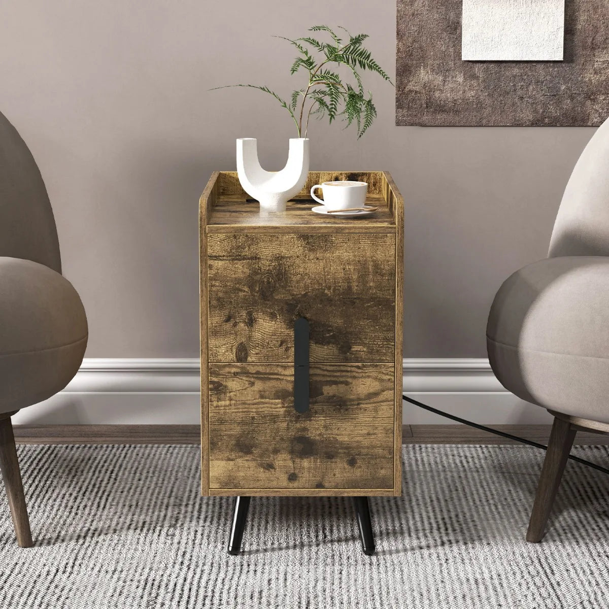 Home Bedside Sofa Side Tables with 2 Drawers and Heavy-duty Metal Legs Support-Rustic Brown