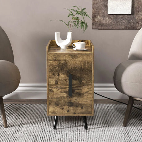Home Bedside Sofa Side Tables with 2 Drawers and Heavy-duty Metal Legs Support-Rustic Brown