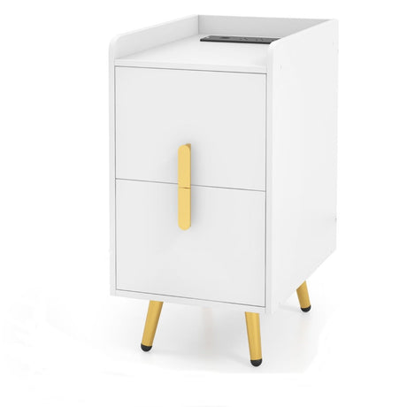 Home Bedside Sofa Side Tables with 2 Drawers and Heavy-duty Metal Legs Support-White