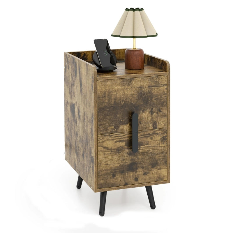Home Bedside Sofa Side Tables with 2 Drawers and Heavy-duty Metal Legs Support-Rustic Brown