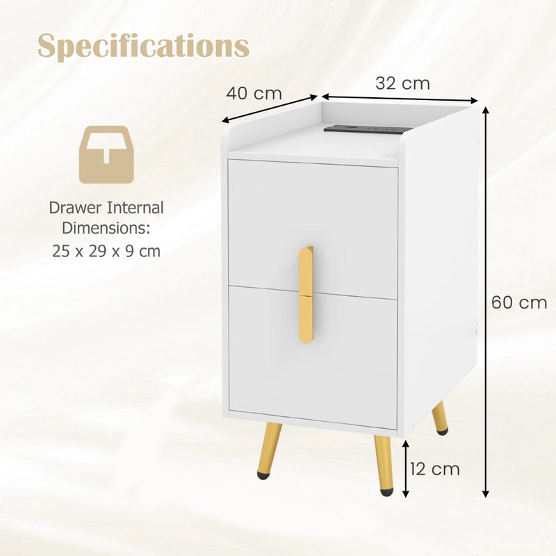 Home Bedside Sofa Side Tables with 2 Drawers and Heavy-duty Metal Legs Support-White
