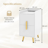 Home Bedside Sofa Side Tables with 2 Drawers and Heavy-duty Metal Legs Support-White