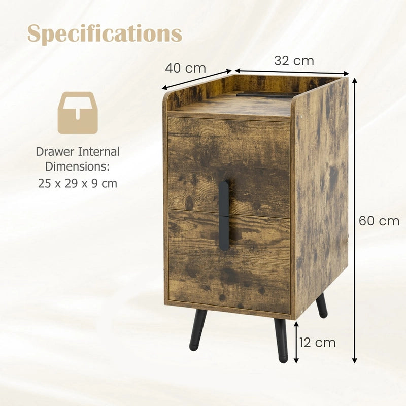 Home Bedside Sofa Side Tables with 2 Drawers and Heavy-duty Metal Legs Support-Rustic Brown