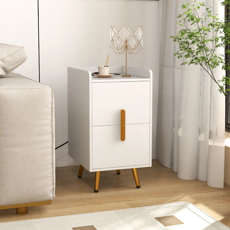 Home Bedside Sofa Side Tables with 2 Drawers and Heavy-duty Metal Legs Support-White