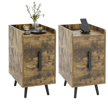 Home Bedside Sofa Side Tables with 2 Drawers and Heavy-duty Metal Legs Support-Rustic Brown