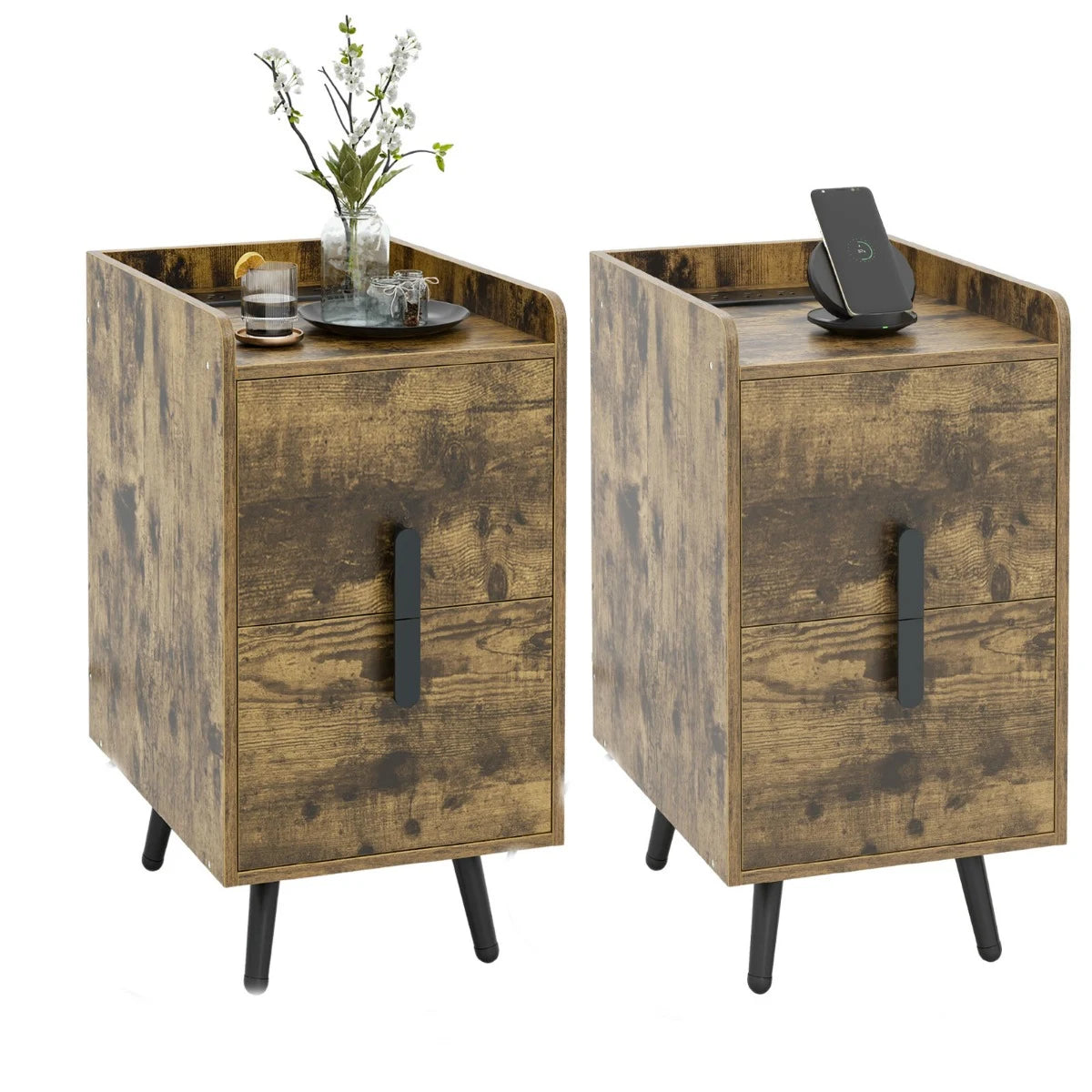 Home Bedside Sofa Side Tables with 2 Drawers and Heavy-duty Metal Legs Support-Rustic Brown