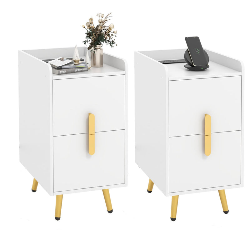 Home Bedside Sofa Side Tables with 2 Drawers and Heavy-duty Metal Legs Support-White
