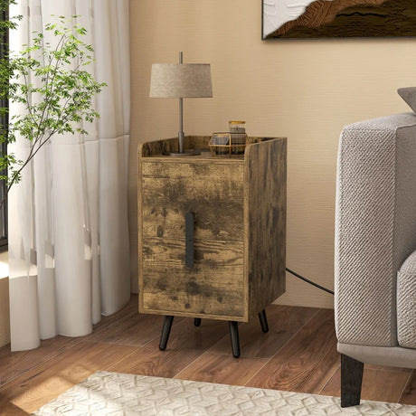 Home Bedside Sofa Side Tables with 2 Drawers and Heavy-duty Metal Legs Support-Rustic Brown