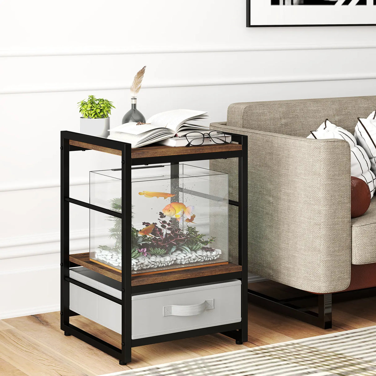 Bedside table with fabric drawer &amp; open storage compartment side table bedside table