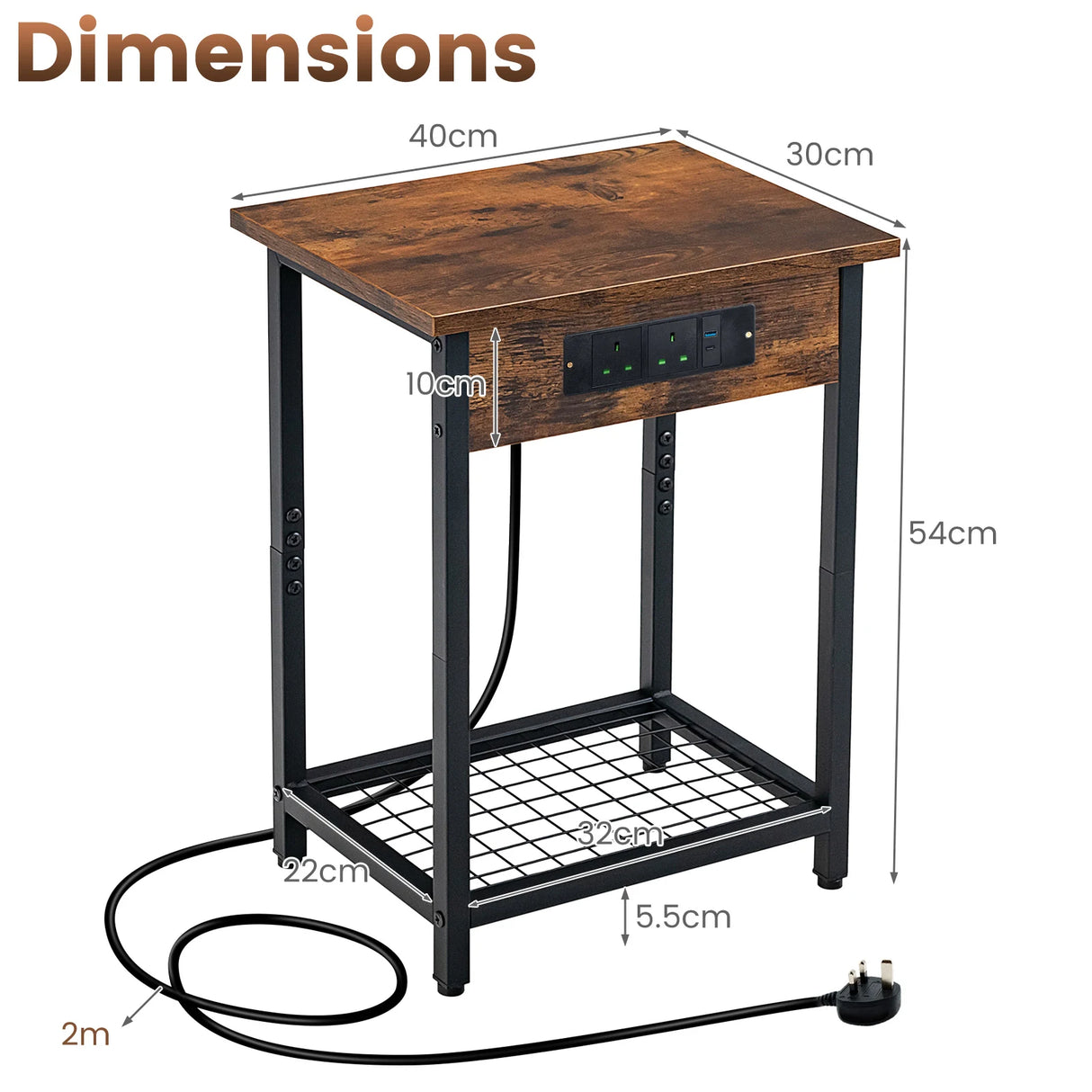 Nightstand Set of 2 with Charging Station and Open Shelf