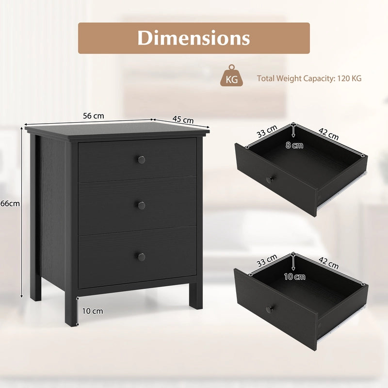 3-Drawer Nightstand for Living Room and Bedroom-Black