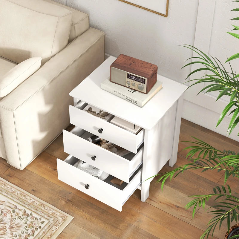 Nightstand with 3 Drawers Sofa Storage Chest Wooden Table for Phone and Coffee Multifunctional Furniture with 3 Shelves White