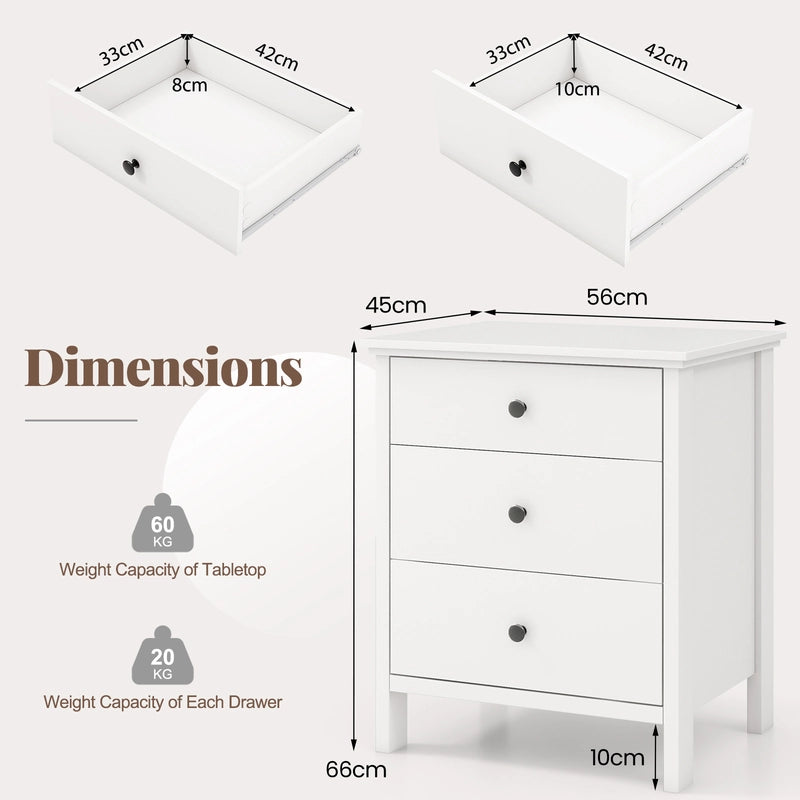 Nightstand with 3 Drawers Sofa Storage Chest Wooden Table for Phone and Coffee Multifunctional Furniture with 3 Shelves White