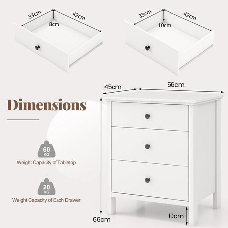 Nightstand with 3 Drawers Sofa Storage Chest Wooden Table for Phone and Coffee Multifunctional Furniture with 3 Shelves White