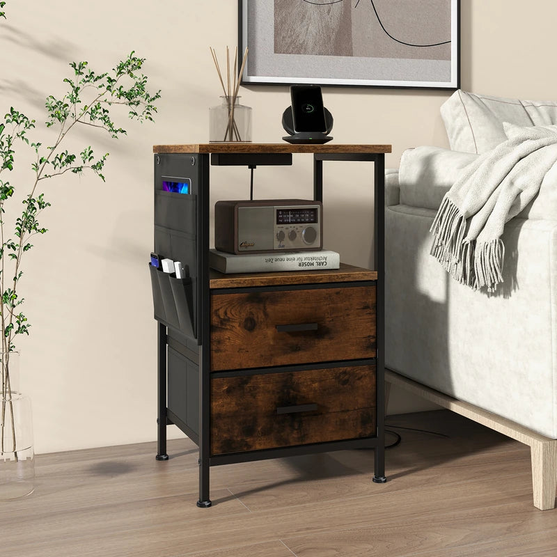 2-Piece Nightstand with Charging Station with USB Ports and Socket Outlets-Rustic Brown