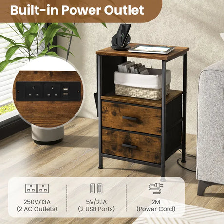 2-Piece Nightstand with Charging Station with USB Ports and Socket Outlets-Rustic Brown