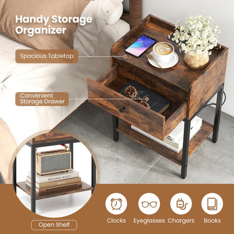 Industrial Bedside Table Nightstand with Drawer-Rustic Brown