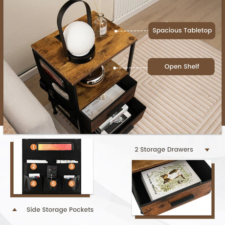 2-Piece Nightstand with Charging Station with USB Ports and Socket Outlets-Rustic Brown
