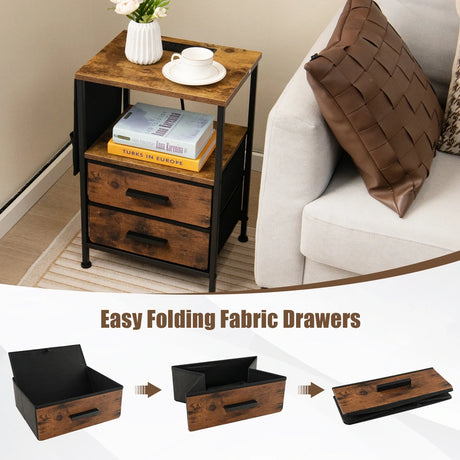 2-Piece Nightstand with Charging Station with USB Ports and Socket Outlets-Rustic Brown