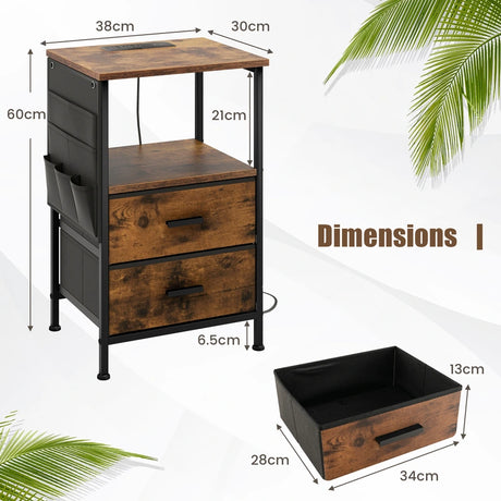 2-Piece Nightstand with Charging Station with USB Ports and Socket Outlets-Rustic Brown