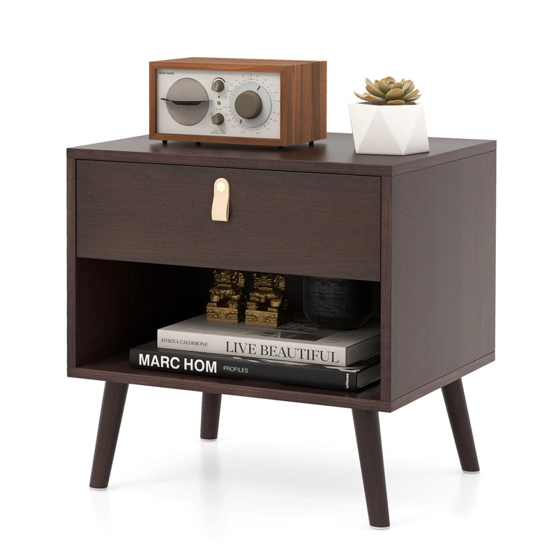 Mid-Century End Table with Open Storage Shelf for Living Room Bedroom Small Spaces-Brown