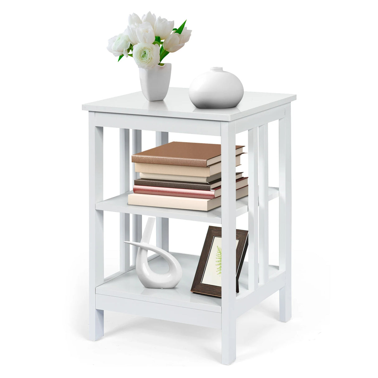 3-Tier Nightstand with Reinforced Bars-White