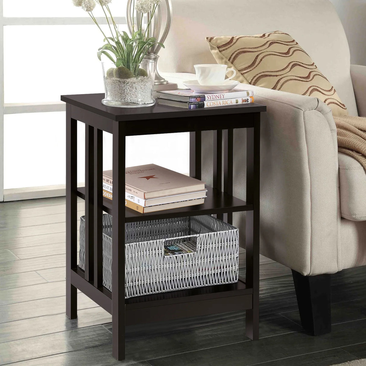 3-tier Side Table Nightstand with Stable Structure-Dark Brown