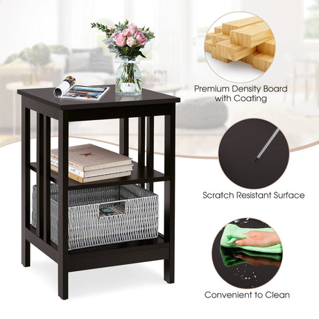 3-tier Side Table Nightstand with Stable Structure-Dark Brown