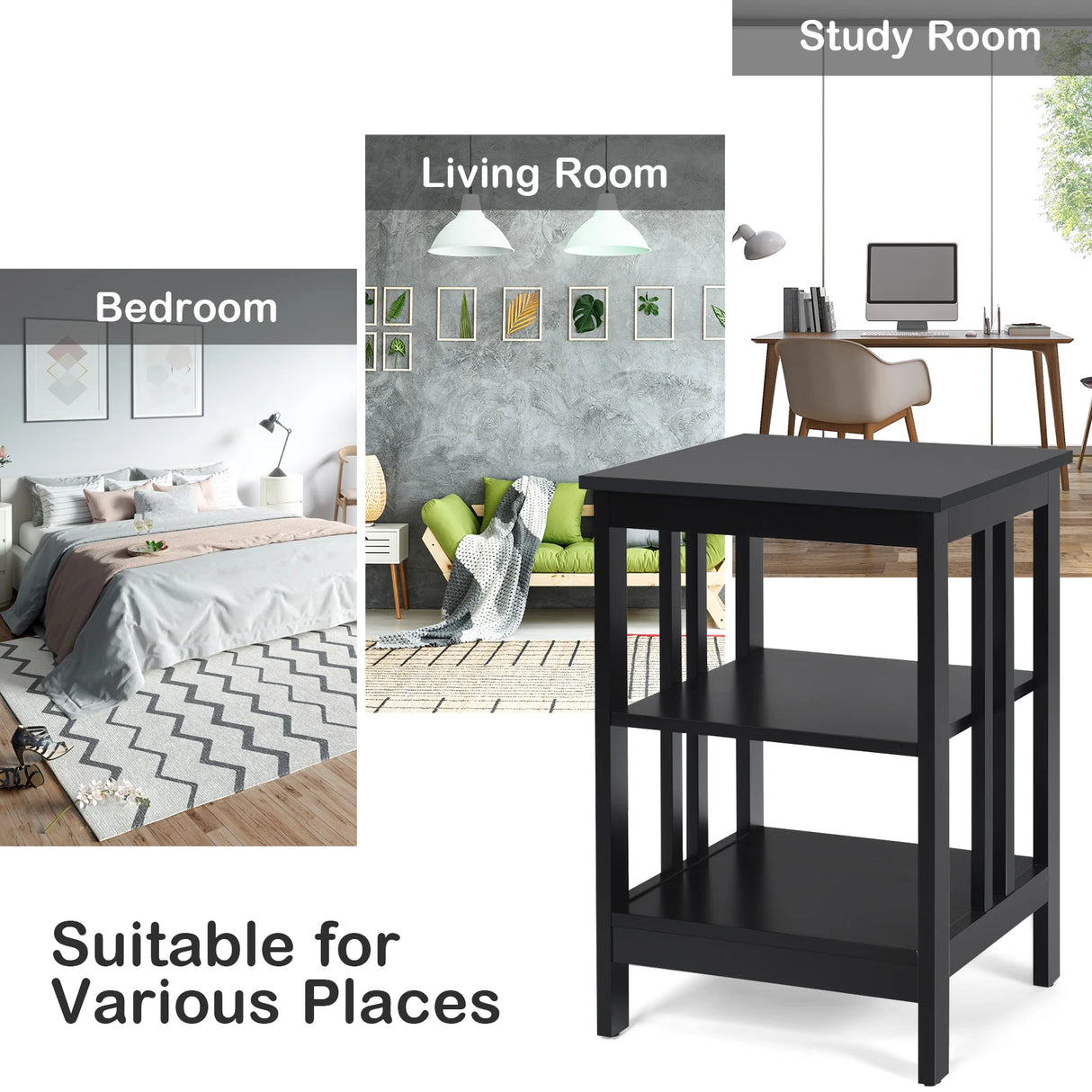 3-Tier Nightstand with Reinforced Bars-Black