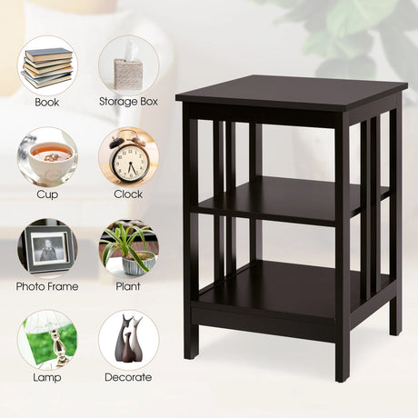 3-tier Side Table Nightstand with Stable Structure-Dark Brown