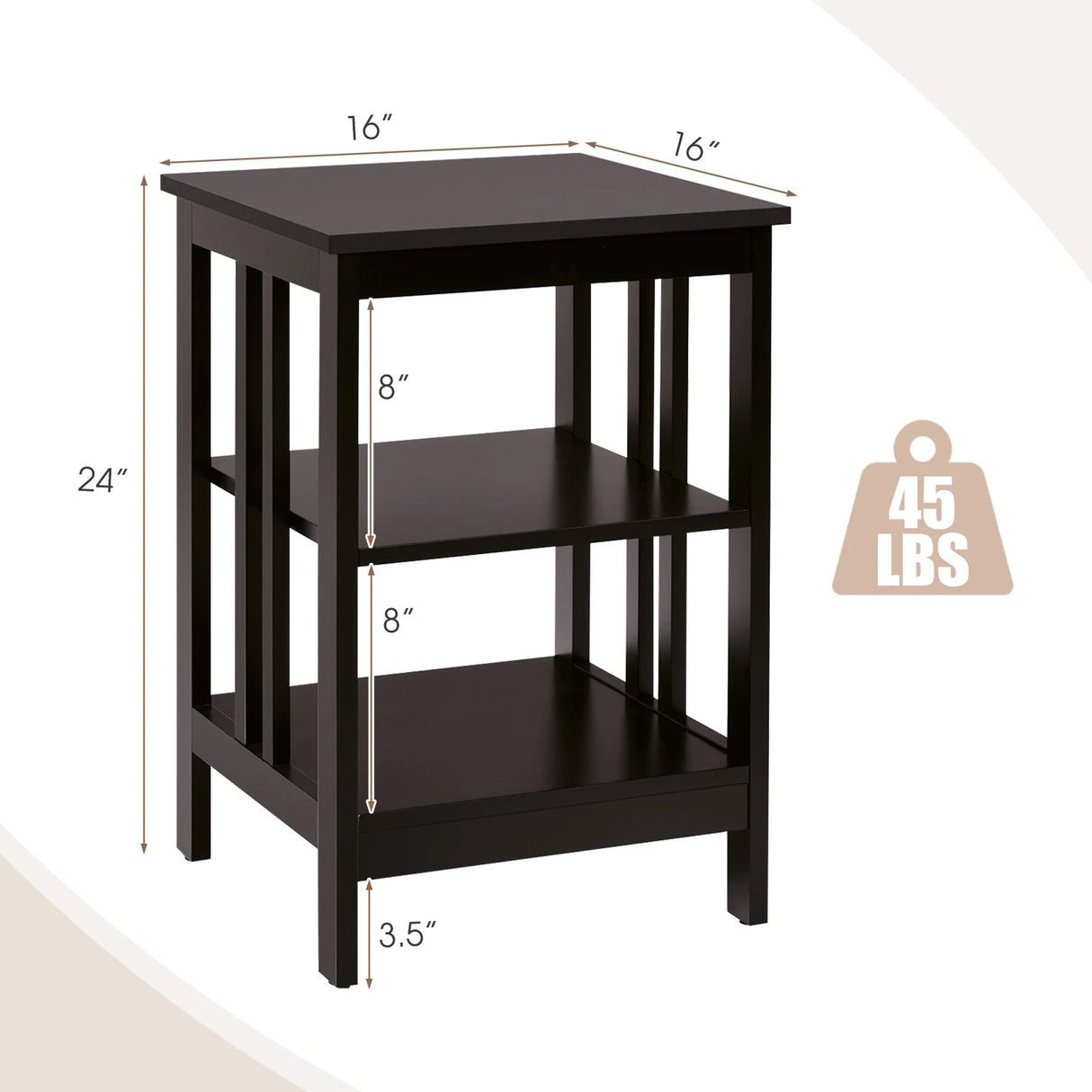 3-tier Side Table Nightstand with Stable Structure-Dark Brown