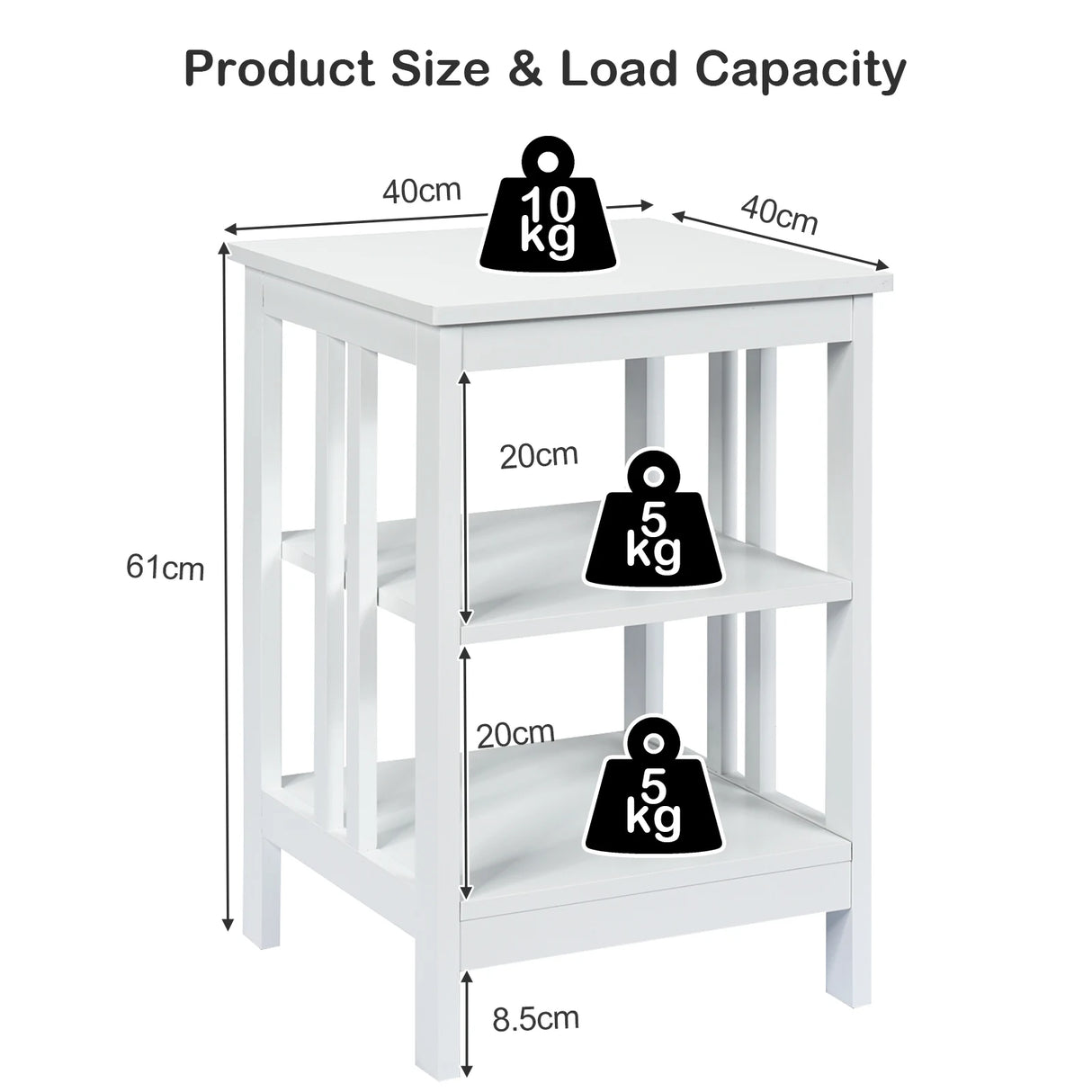 3-Tier Nightstand with Reinforced Bars-White