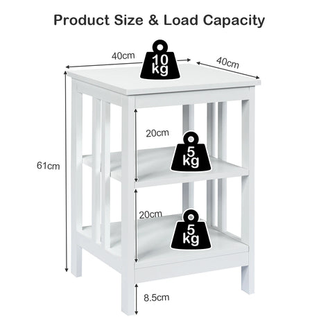 3-Tier Nightstand with Reinforced Bars-White