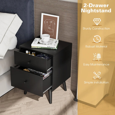 2 drawer bedside table with solid oak legs 45 x 39.5 x 62 cm