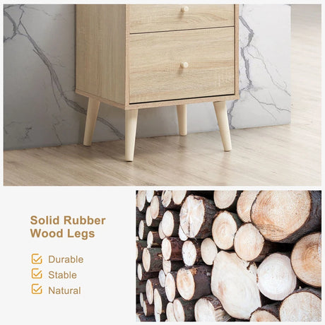 2-Drawer Nightstand Beside End Side Table with Rubber Legs-Natural