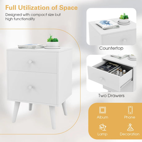 2-Drawer Nightstand with Solid Rubber Wood Legs and Large Storage Space-White