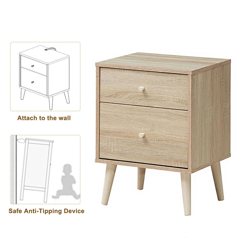 2-Drawer Nightstand Beside End Side Table with Rubber Legs-Natural