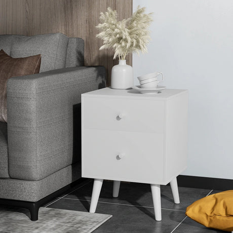 2-Drawer Nightstand with Solid Rubber Wood Legs and Large Storage Space-White