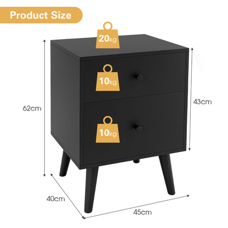 2 drawer bedside table with solid oak legs 45 x 39.5 x 62 cm