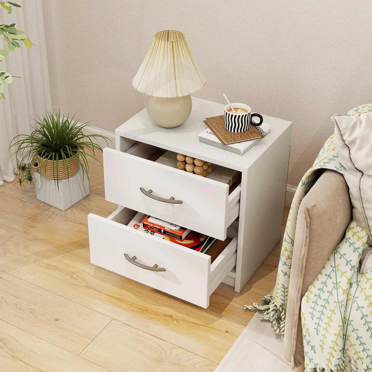 2 Drawer Nightstand with Storage for Living Room-White